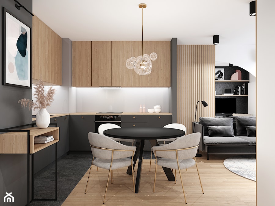 AW/ML/2019 - Średnia otwarta z salonem czarna szara z zabudowaną lodówką z nablatowym zlewozmywakiem kuchnia w kształcie litery l, styl nowoczesny - zdjęcie od Kinga Kaza