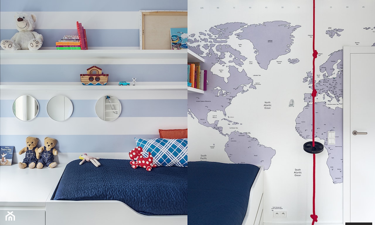 tapeta w biało-błękitne pasy w pokoju dziecka, tapeta z mapą świta w pokoju dziecka