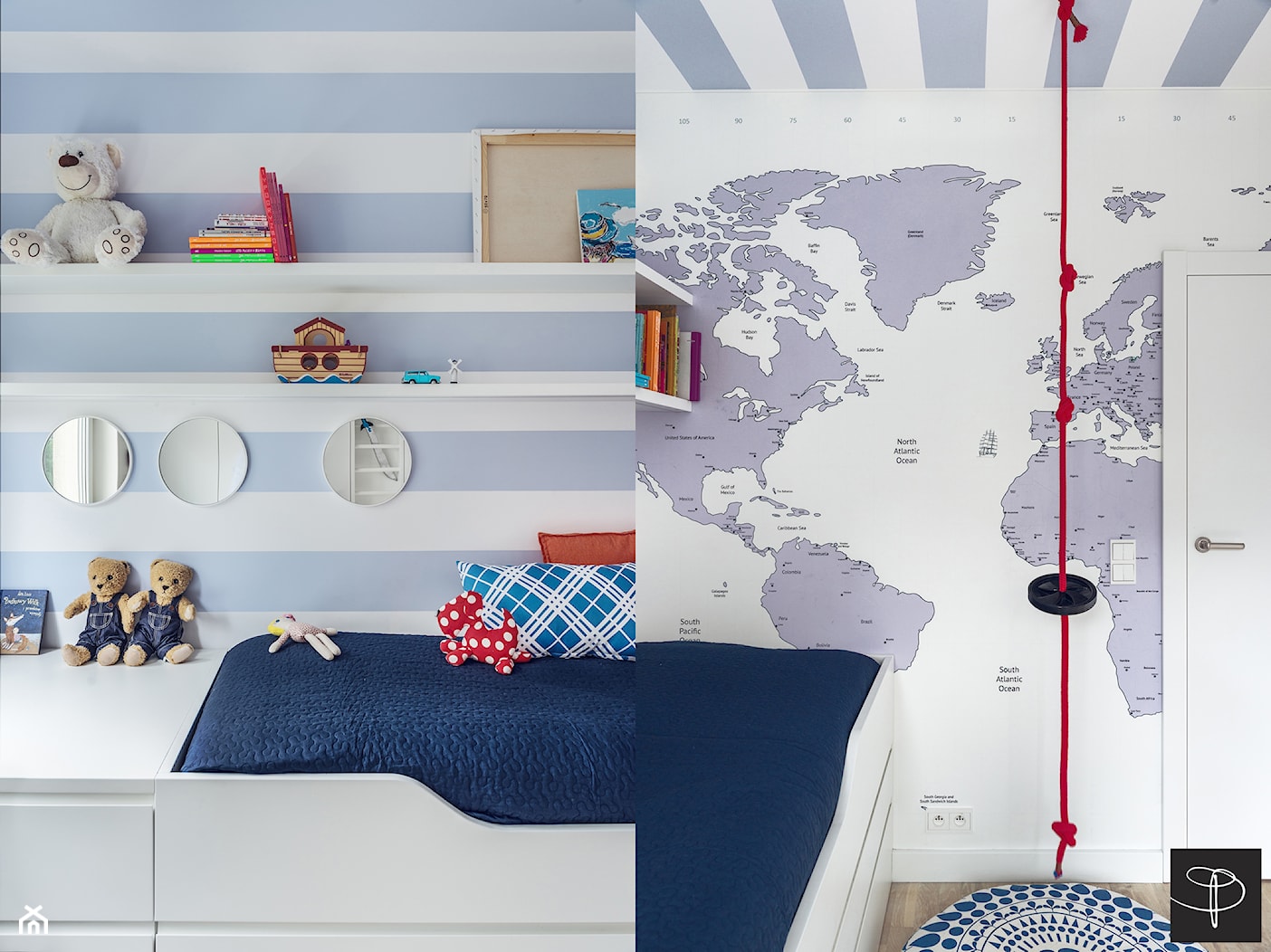 Wnętrze z Banksy`m - Średni biały niebieski pokój dziecka dla dziecka dla chłopca, styl skandynawski - zdjęcie od studio POTORSKA - Homebook