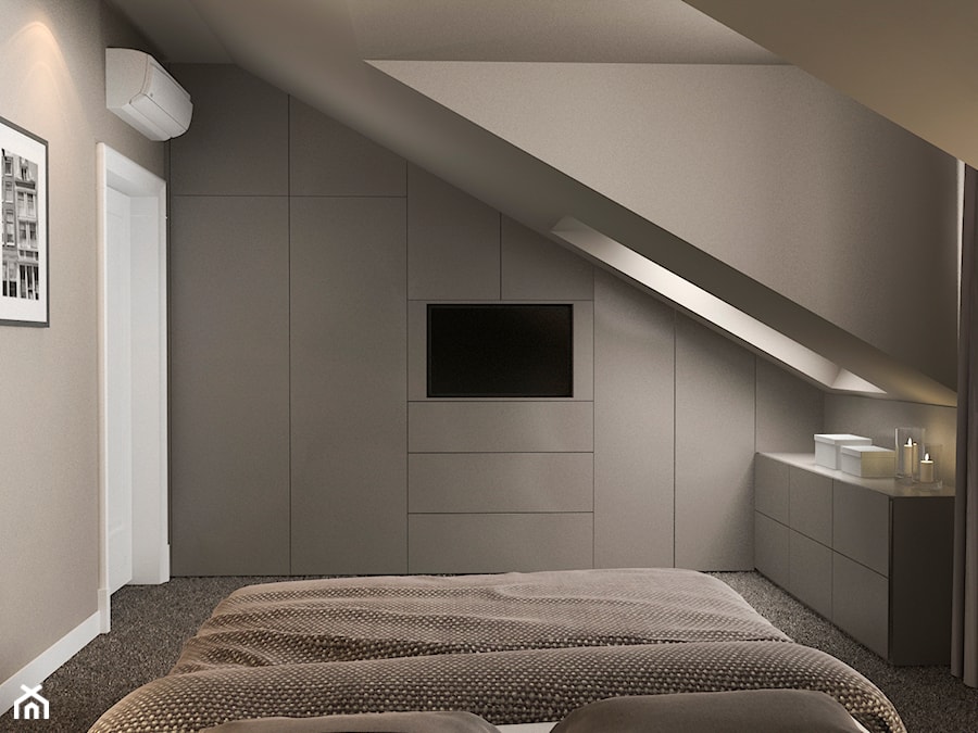 Projekt wnętrz mieszkania - Średnia beżowa sypialnia na poddaszu z garderobą, styl nowoczesny - zdjęcie od ARCHISSIMA