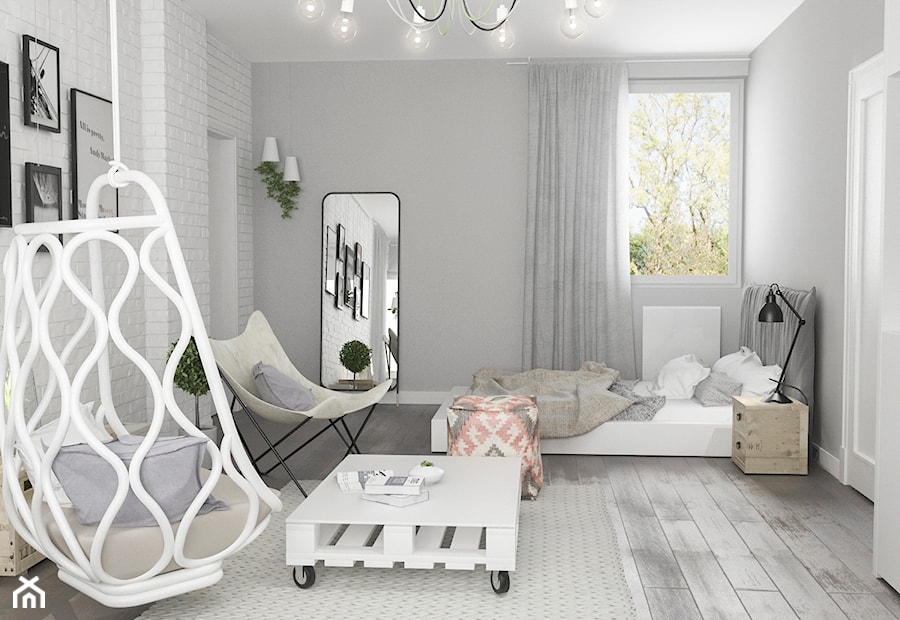 Projekt wnętrz domu - Duży biały szary pokój dziecka dla nastolatka dla dziewczynki, styl skandynawski - zdjęcie od ARCHISSIMA