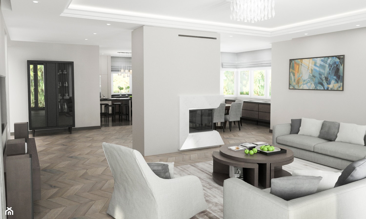 Projekt wnętrz domu - Duży biały salon z kuchnią z jadalnią, styl tradycyjny - zdjęcie od ARCHISSIMA - Homebook