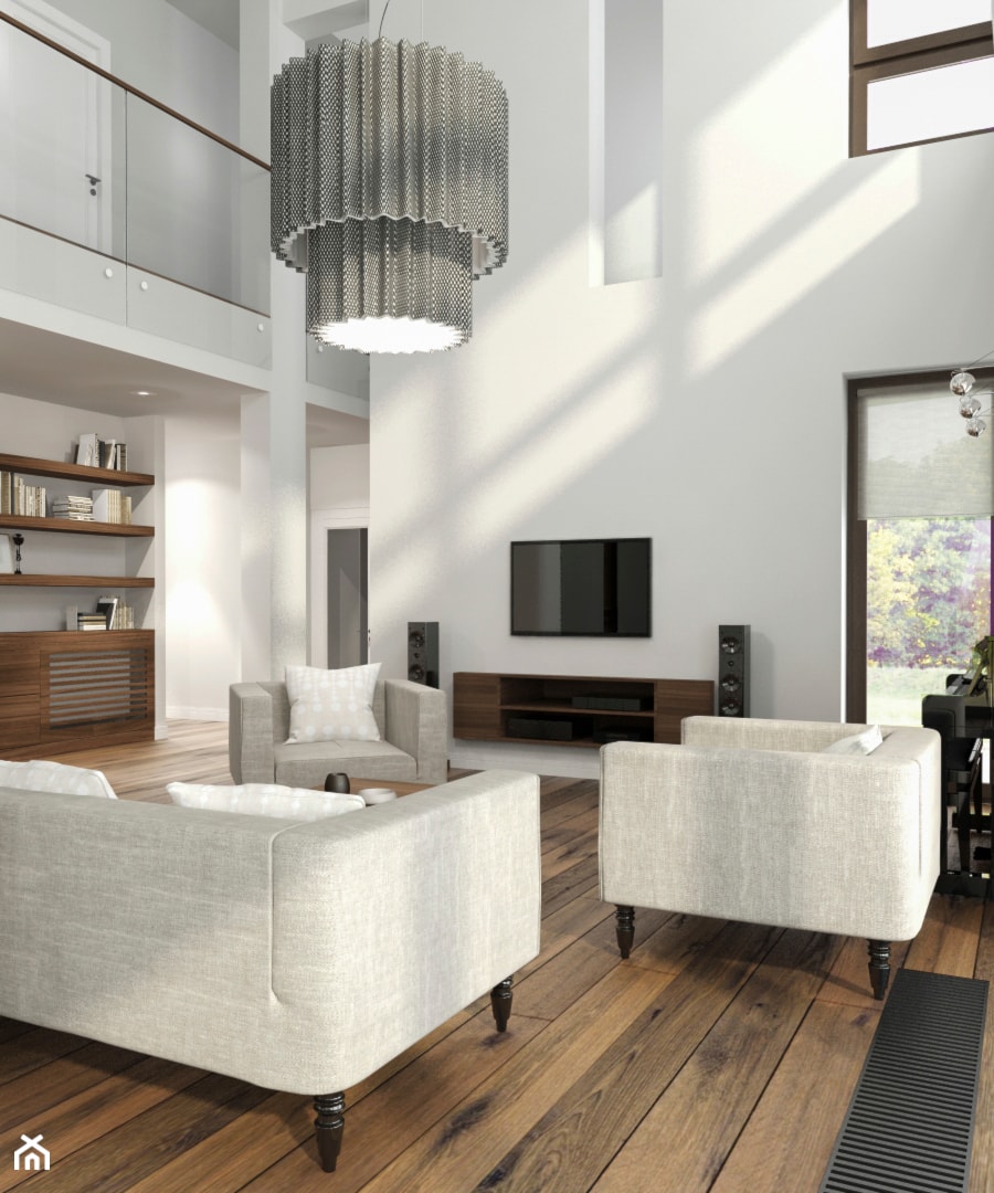 Projekt wnętrz domu_2 - Średni biały salon z antresolą, styl nowoczesny - zdjęcie od ARCHISSIMA