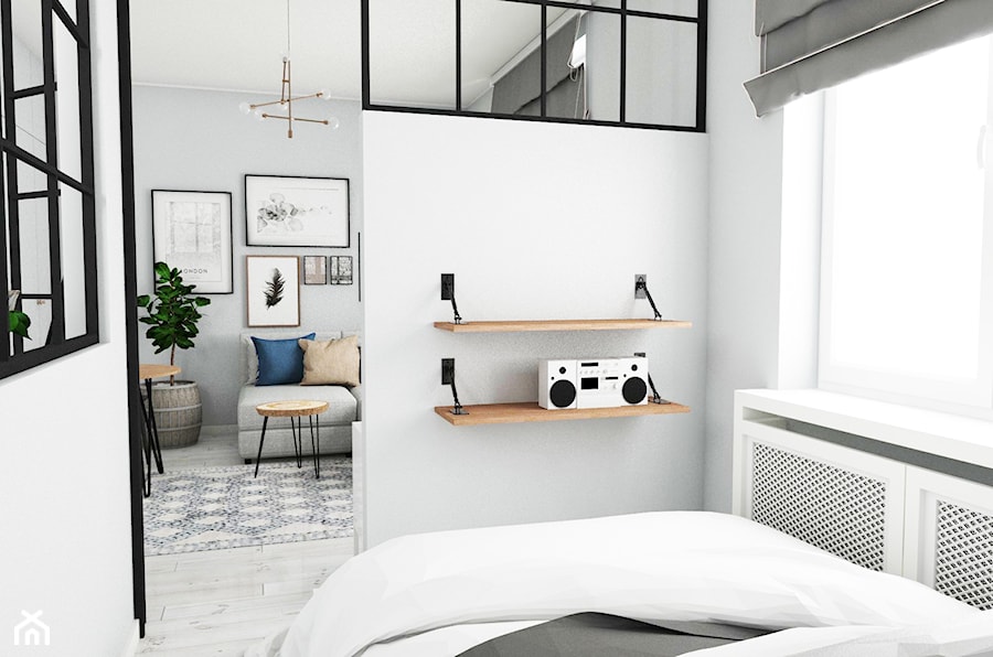 Projekt mieszkania na mokotowie - Mała biała sypialnia, styl skandynawski - zdjęcie od Anna M. Pawłowicz Architektura Wnętrz