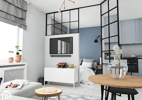 Projekt mieszkania na mokotowie - Mały biały niebieski salon z kuchnią z jadalnią, styl skandynawski - zdjęcie od Anna M. Pawłowicz Architektura Wnętrz