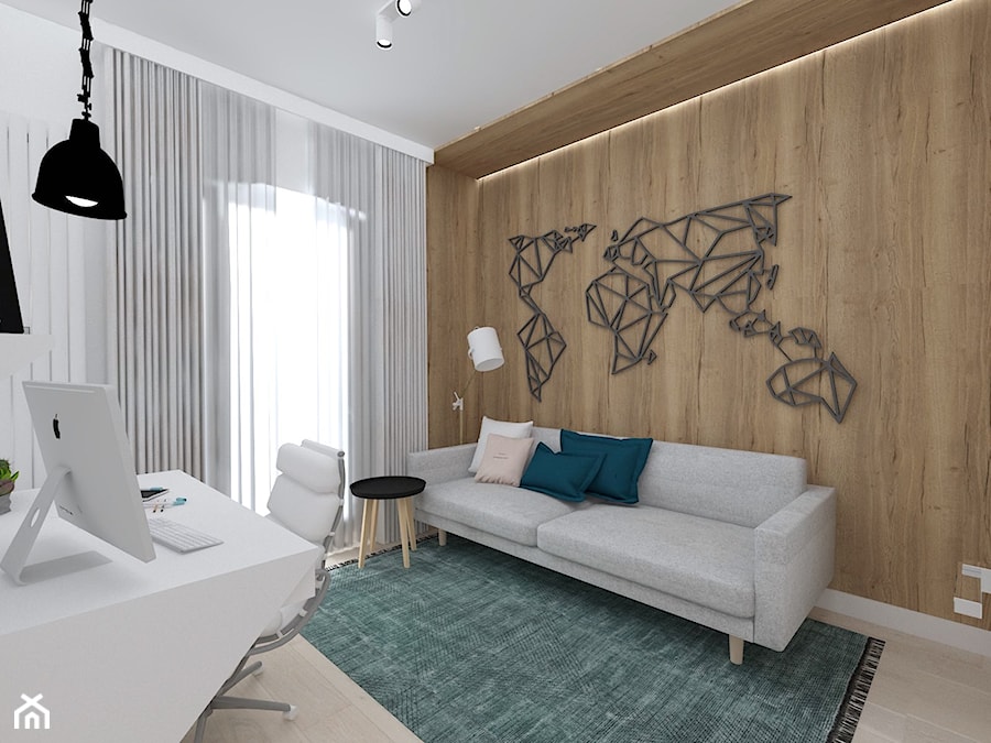 APARTAMENT MOKOTÓW - Średnie w osobnym pomieszczeniu z sofą z zabudowanym biurkiem białe biuro, styl skandynawski - zdjęcie od WNĘTRZNOŚCI Projektowanie wnętrz Aneta Stokowska