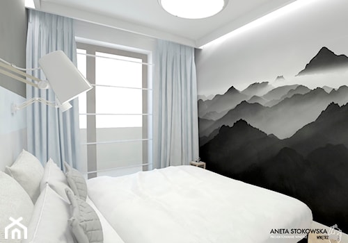 Sypialnia Black&Blue - Mała biała szara sypialnia z balkonem / tarasem, styl nowoczesny - zdjęcie od WNĘTRZNOŚCI Projektowanie wnętrz Aneta Stokowska