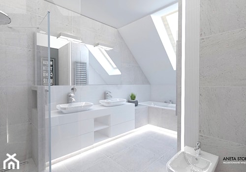 Łazienka w bieli - Duża na poddaszu łazienka z oknem, styl nowoczesny - zdjęcie od WNĘTRZNOŚCI Projektowanie wnętrz Aneta Stokowska