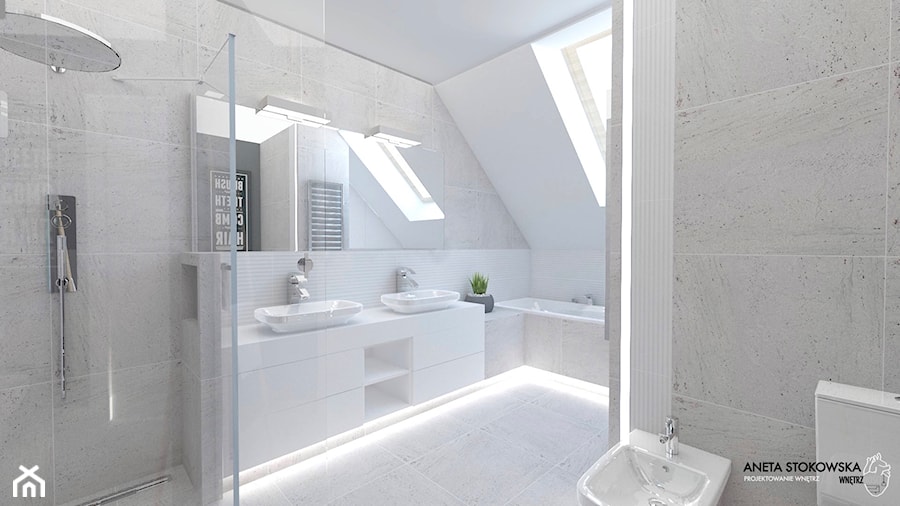 Łazienka w bieli - Duża na poddaszu łazienka z oknem, styl nowoczesny - zdjęcie od WNĘTRZNOŚCI Projektowanie wnętrz Aneta Stokowska