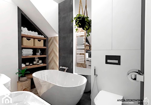 WAWER - Mała średnia na poddaszu z dwoma umywalkami łazienka, styl nowoczesny - zdjęcie od WNĘTRZNOŚCI Projektowanie wnętrz Aneta Stokowska