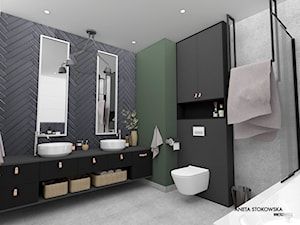 ŻOLIBORZ GREEN - Średnia bez okna z lustrem z dwoma umywalkami z punktowym oświetleniem łazienka - zdjęcie od WNĘTRZNOŚCI Projektowanie wnętrz Aneta Stokowska