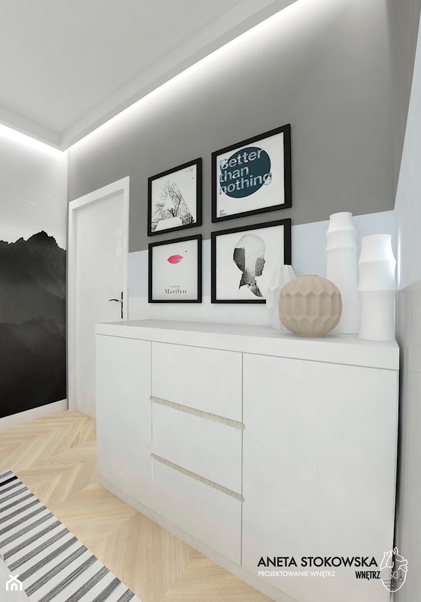 Sypialnia Black&Blue - Mała biała czarna szara sypialnia, styl nowoczesny - zdjęcie od WNĘTRZNOŚCI Projektowanie wnętrz Aneta Stokowska