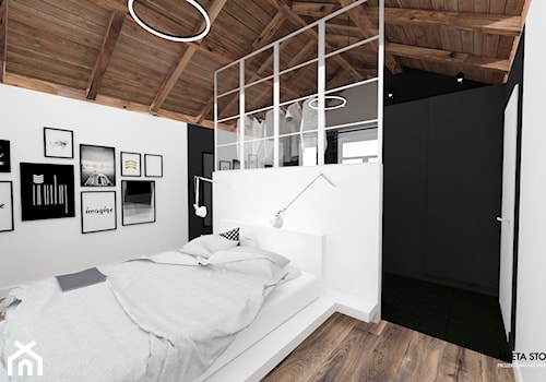 LOFTOWY PIASTÓW - Duża biała czarna sypialnia na poddaszu z garderobą, styl nowoczesny - zdjęcie od WNĘTRZNOŚCI Projektowanie wnętrz Aneta Stokowska