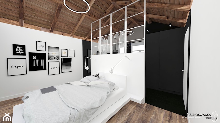 LOFTOWY PIASTÓW - Duża biała czarna sypialnia na poddaszu z garderobą, styl nowoczesny - zdjęcie od WNĘTRZNOŚCI Projektowanie wnętrz Aneta Stokowska