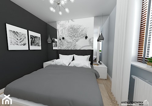 WAWER - Mała czarna szara sypialnia, styl nowoczesny - zdjęcie od WNĘTRZNOŚCI Projektowanie wnętrz Aneta Stokowska
