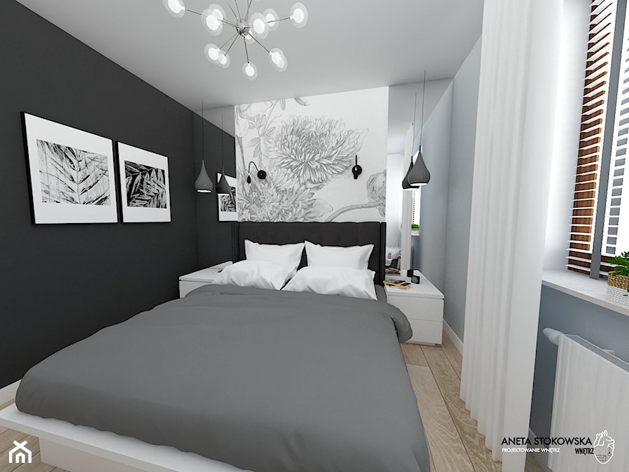 WAWER - Mała czarna szara sypialnia, styl nowoczesny - zdjęcie od WNĘTRZNOŚCI Projektowanie wnętrz Aneta Stokowska