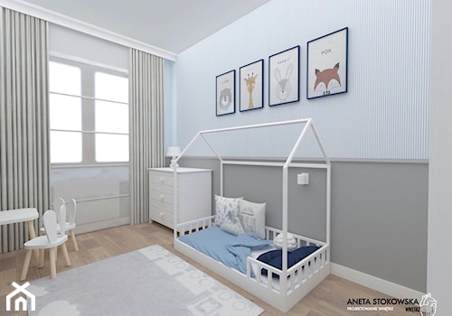 Apartament w Otwocku - Średni biały szary niebieski pokój dziecka dla dziecka dla chłopca, styl nowoczesny - zdjęcie od WNĘTRZNOŚCI Projektowanie wnętrz Aneta Stokowska