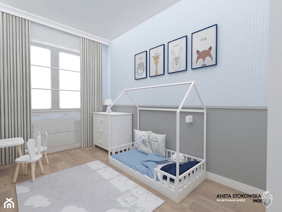 Apartament w Otwocku - Średni biały szary niebieski pokój dziecka dla dziecka dla chłopca, styl nowoczesny - zdjęcie od WNĘTRZNOŚCI Projektowanie wnętrz Aneta Stokowska