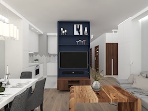 APARTAMENT MOKOTÓW II - Mały biały niebieski salon z kuchnią z jadalnią, styl nowoczesny - zdjęcie od WNĘTRZNOŚCI Projektowanie wnętrz Aneta Stokowska