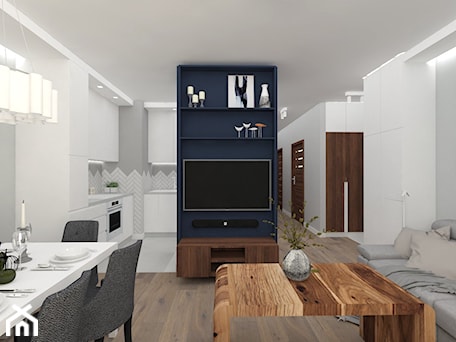 Aranżacje wnętrz - Salon: APARTAMENT MOKOTÓW II - Mały biały niebieski salon z kuchnią z jadalnią, styl nowoczesny - WNĘTRZNOŚCI Projektowanie wnętrz Aneta Stokowska. Przeglądaj, dodawaj i zapisuj najlepsze zdjęcia, pomysły i inspiracje designerskie. W bazie mamy już prawie milion fotografii!