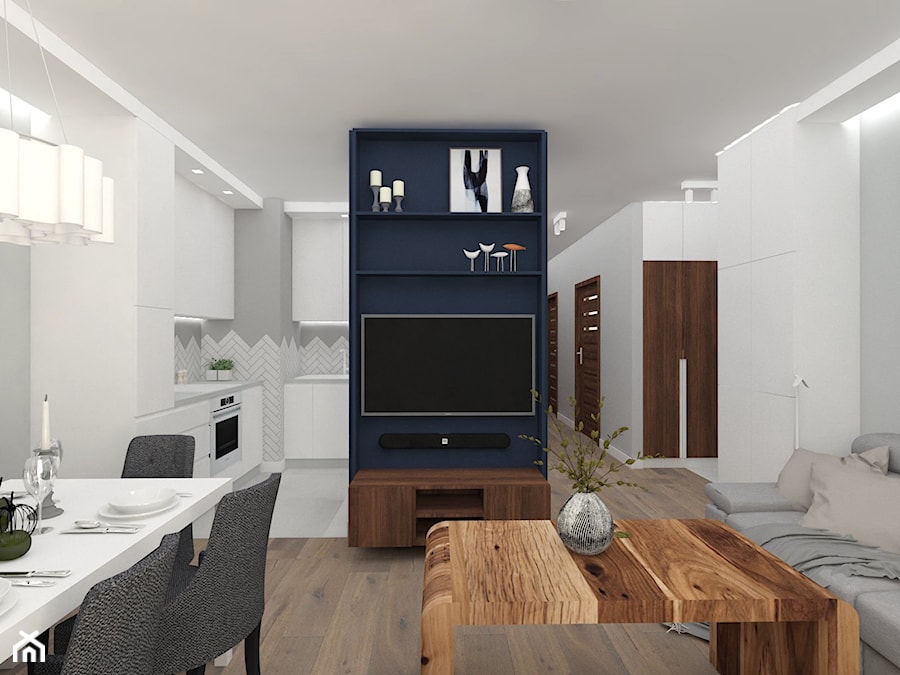 APARTAMENT MOKOTÓW II - Mały biały niebieski salon z kuchnią z jadalnią, styl nowoczesny - zdjęcie od WNĘTRZNOŚCI Projektowanie wnętrz Aneta Stokowska