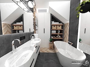 WAWER - Średnia na poddaszu bez okna z lustrem z dwoma umywalkami łazienka, styl nowoczesny - zdjęcie od WNĘTRZNOŚCI Projektowanie wnętrz Aneta Stokowska