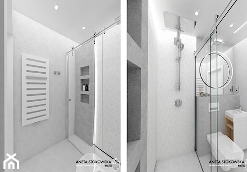 WAWER - Mała bez okna z lustrem z punktowym oświetleniem łazienka, styl nowoczesny - zdjęcie od WNĘTRZNOŚCI Projektowanie wnętrz Aneta Stokowska
