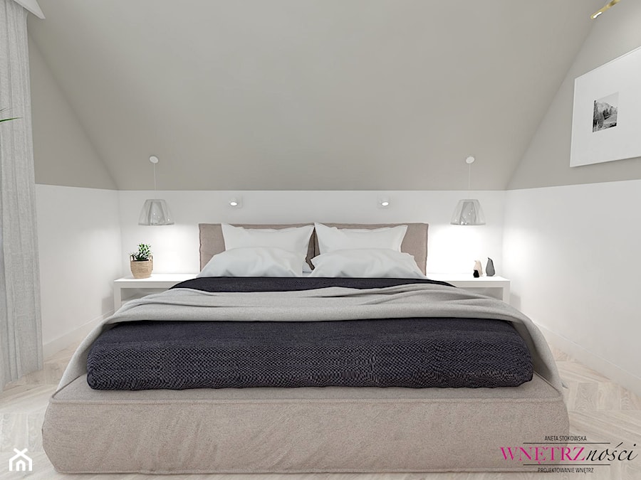 Dom w Orliczkach - Średnia beżowa biała szara sypialnia, styl nowoczesny - zdjęcie od WNĘTRZNOŚCI Projektowanie wnętrz Aneta Stokowska