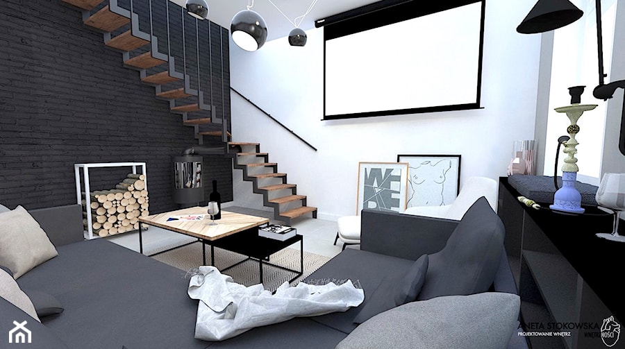 LOFTOWY PIASTÓW - Mały biały czarny salon, styl nowoczesny - zdjęcie od WNĘTRZNOŚCI Projektowanie wnętrz Aneta Stokowska