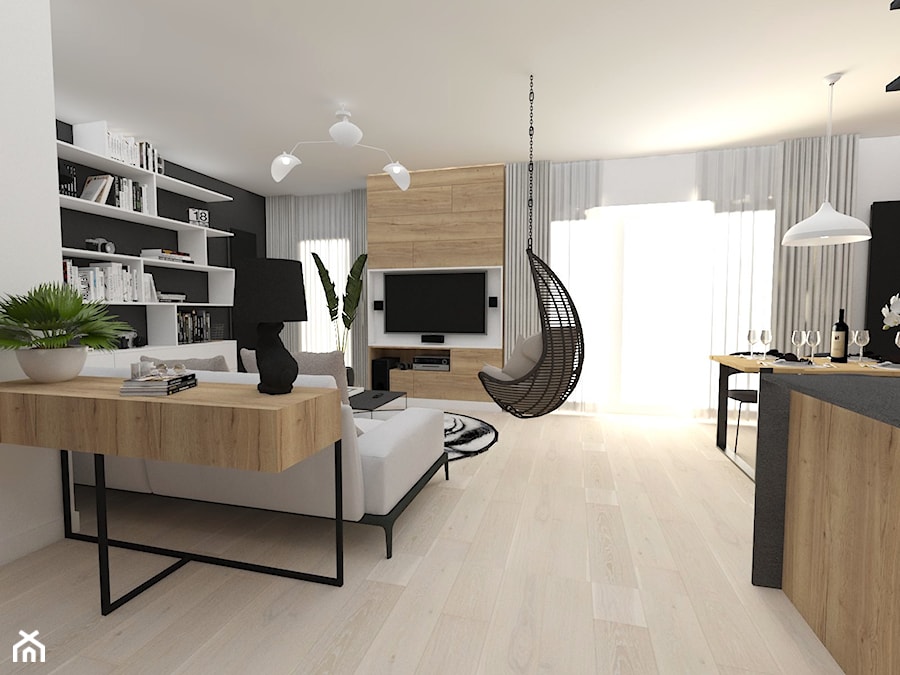 APARTAMENT MOKOTÓW - Duży czarny szary salon z jadalnią, styl industrialny - zdjęcie od WNĘTRZNOŚCI Projektowanie wnętrz Aneta Stokowska