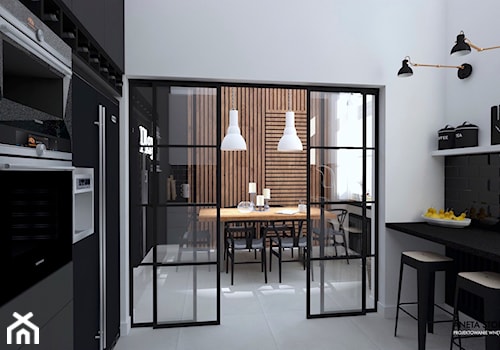 LOFTOWY PIASTÓW - Duża otwarta z salonem z kamiennym blatem biała czarna kuchnia w kształcie litery u z oknem, styl nowoczesny - zdjęcie od WNĘTRZNOŚCI Projektowanie wnętrz Aneta Stokowska