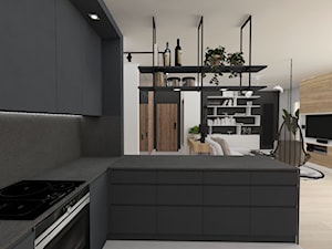 APARTAMENT MOKOTÓW - Mała otwarta z salonem z kamiennym blatem biała czarna z zabudowaną lodówką kuchnia w kształcie litery l, styl industrialny - zdjęcie od WNĘTRZNOŚCI Projektowanie wnętrz Aneta Stokowska