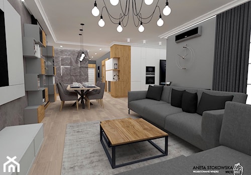 Apartament w Otwocku - Średni szary salon z kuchnią z jadalnią, styl nowoczesny - zdjęcie od WNĘTRZNOŚCI Projektowanie wnętrz Aneta Stokowska