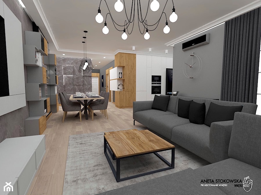 Apartament w Otwocku - Średni szary salon z kuchnią z jadalnią, styl nowoczesny - zdjęcie od WNĘTRZNOŚCI Projektowanie wnętrz Aneta Stokowska
