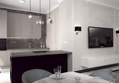 87 - Średnia otwarta z salonem z kamiennym blatem biała z zabudowaną lodówką z nablatowym zlewozmywakiem kuchnia dwurzędowa z kompozytem na ścianie nad blatem kuchennym, styl nowoczesny - zdjęcie od MADA design