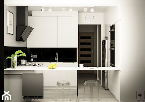 Metamorfoza kuchni Błonie - Średnia z salonem biała czarna z zabudowaną lodówką z podblatowym zlewozmywakiem kuchnia w kształcie litery u, styl glamour - zdjęcie od APkwadrat