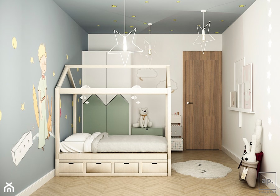 Projekt wnętrz domu w Grodzisku Mazowieckim. - Mały biały szary pokój dziecka dla dziecka dla nastolatka dla chłopca dla dziewczynki, styl skandynawski - zdjęcie od APkwadrat