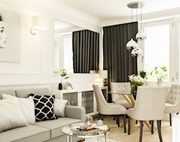 Metamorfoza salonu Błonie - Średni biały salon z jadalnią z tarasem / balkonem, styl glamour - zdjęcie od APkwadrat - Homebook