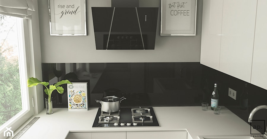Metamorfoza kuchni Błonie - Mała zamknięta z kamiennym blatem czarna szara z zabudowaną lodówką z nablatowym zlewozmywakiem kuchnia w kształcie litery u z oknem, styl glamour - zdjęcie od APkwadrat