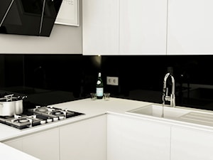 Metamorfoza kuchni Błonie - Mała zamknięta z kamiennym blatem czarna z zabudowaną lodówką z nablatowym zlewozmywakiem kuchnia w kształcie litery u, styl glamour - zdjęcie od APkwadrat