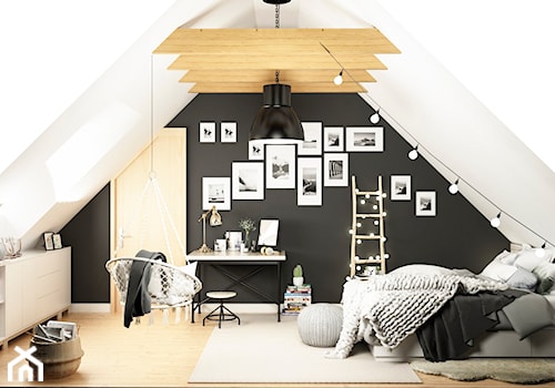 Sypialnia na poddaszu. - Średnia biała czarna z biurkiem sypialnia na poddaszu, styl skandynawski - zdjęcie od APkwadrat
