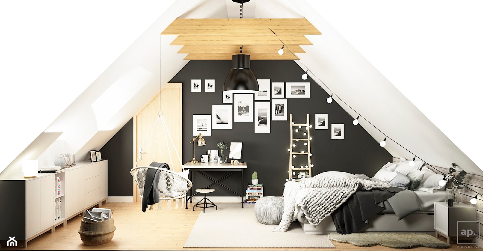 Sypialnia na poddaszu. - Średnia biała czarna z biurkiem sypialnia na poddaszu, styl skandynawski - zdjęcie od APkwadrat - Homebook