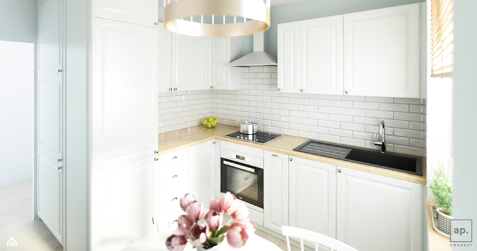 Mała z salonem biała z zabudowaną lodówką z podblatowym zlewozmywakiem kuchnia w kształcie litery l ... - zdjęcie od APkwadrat - Homebook