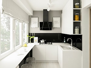 Metamorfoza kuchni Błonie - Średnia zamknięta biała czarna z zabudowaną lodówką z podblatowym zlewozmywakiem kuchnia w kształcie litery l z oknem, styl rustykalny - zdjęcie od APkwadrat