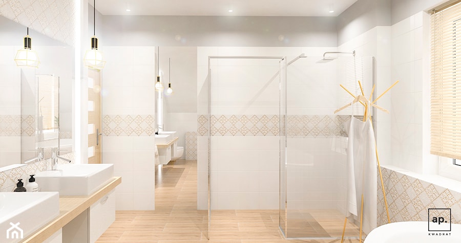 Duża z dwoma umywalkami z punktowym oświetleniem łazienka z oknem, styl glamour - zdjęcie od APkwadrat