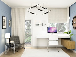 Projekt wnętrz domu w Grodzisku Mazowieckim. - Średnie w osobnym pomieszczeniu z zabudowanym biurkiem białe niebieskie biuro, styl nowoczesny - zdjęcie od APkwadrat