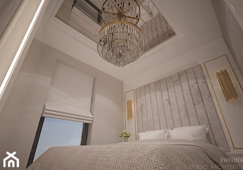 Gold Line - Mała biała szara sypialnia - zdjęcie od mgr sztuki arch. wnętrz Ewelina Bulińska