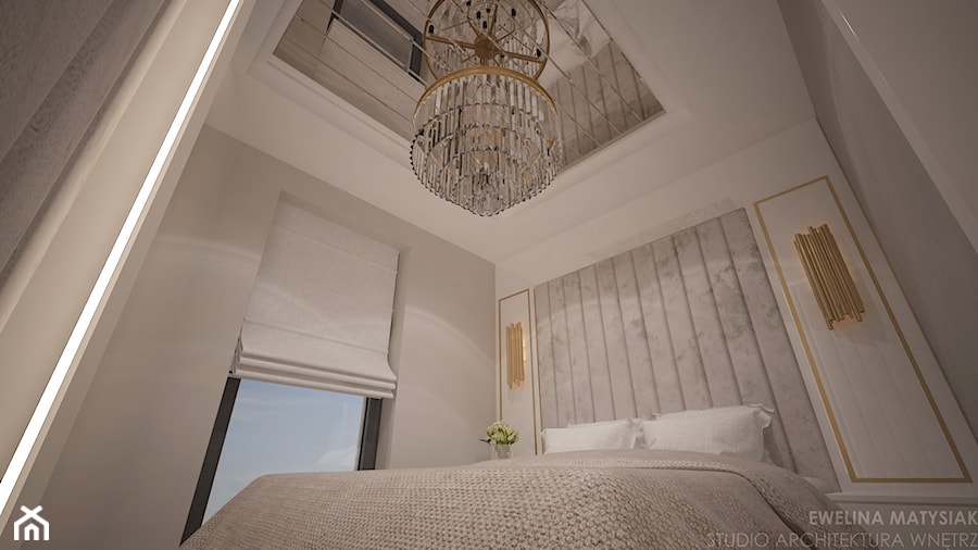 Gold Line - Mała biała szara sypialnia - zdjęcie od mgr sztuki arch. wnętrz Ewelina Bulińska