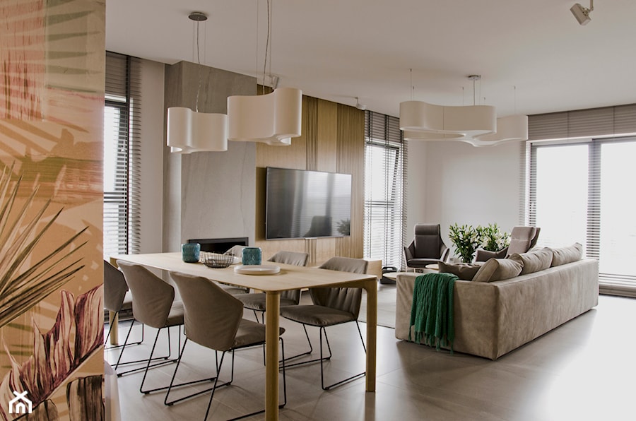 Apartament w pastelach - Średni biały salon z jadalnią, styl nowoczesny - zdjęcie od Interno