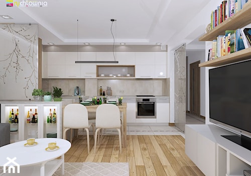 PASTELOWO - SŁONECZNE TARASY - Średni biały salon z kuchnią z jadalnią, styl nowoczesny - zdjęcie od Studio Architektury Wnętrz "rychtownia"